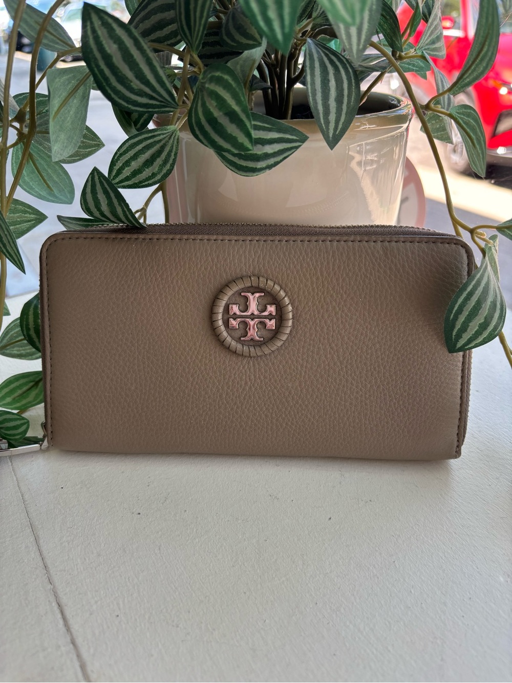 Tory Burch Taupe Zip-Around Leather Wallet with Logo Medallion